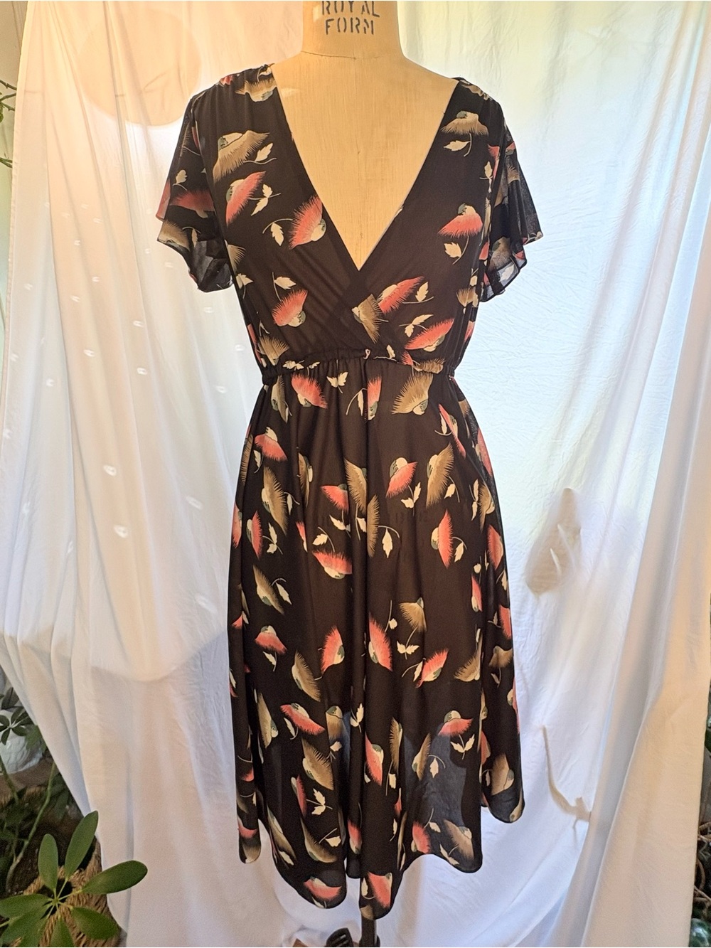 Vintage Sheer Handmade Flutter-Sleeve Black Floral V-Neck Faux Wrap Dress Size M